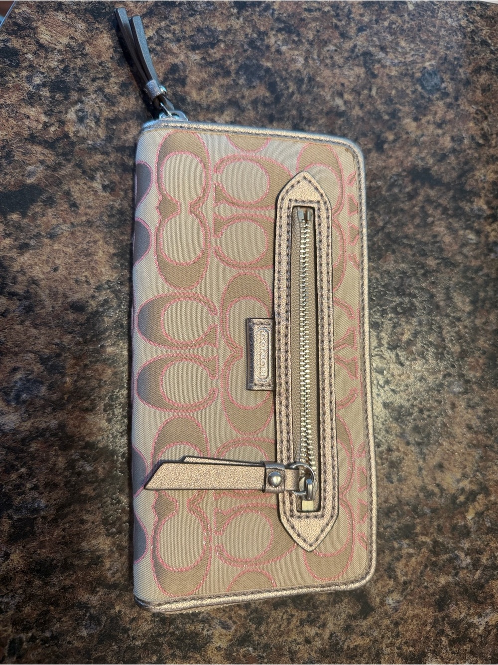 Coach Signature Zip Wallet in Khaki and Pink Trim